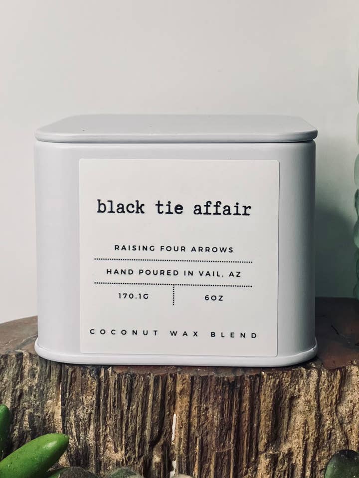6oz Black Tie Affair Tin for wholesale by Raising Four Arrows