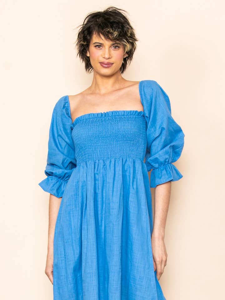 On Off Shoulder Linen Blended Smocked Dress with Lining for wholesale by Elloh Collection