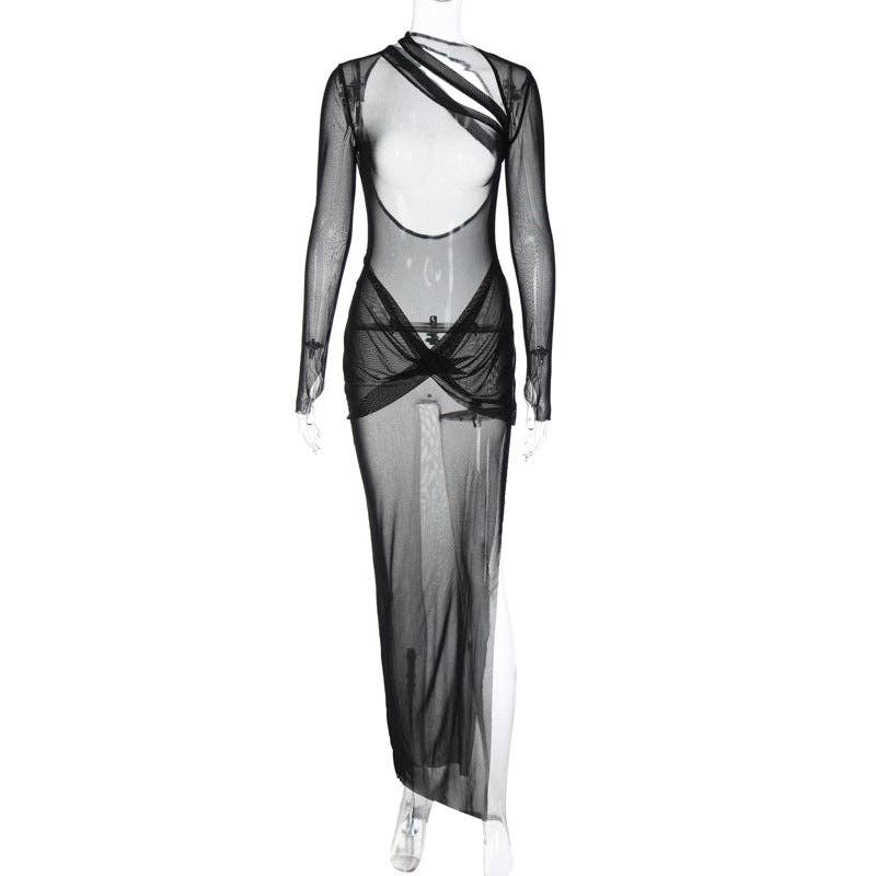 Nero Abbigliamento da donna, maxi abito invernale a maniche lunghe, sexy, in rete trasparente, con intaglio svasato, senza schienale, da donna in vendita all&#x27;ingrosso su Faire4