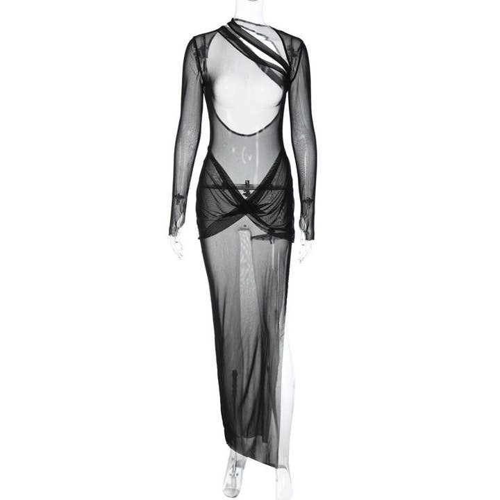 Black Women Clothing Winter Long Sleeve Sexy Mesh See through Maxi Dress Hollow Out Cutout Backless Dress Women for wholesale on Faire4