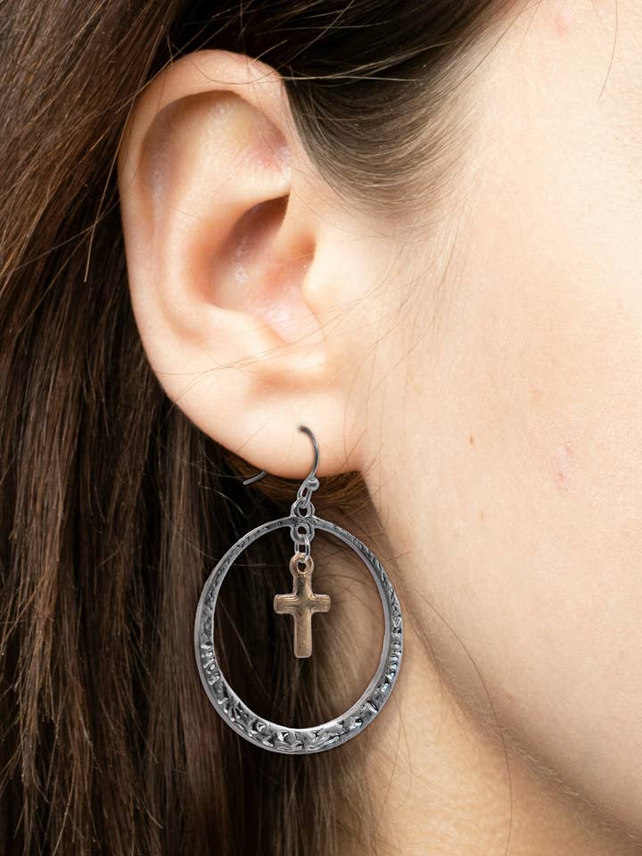 Silver/Gold Circle With Hanging Cross Earrings for wholesale by Eden Merry Jewelry by James Lawrence