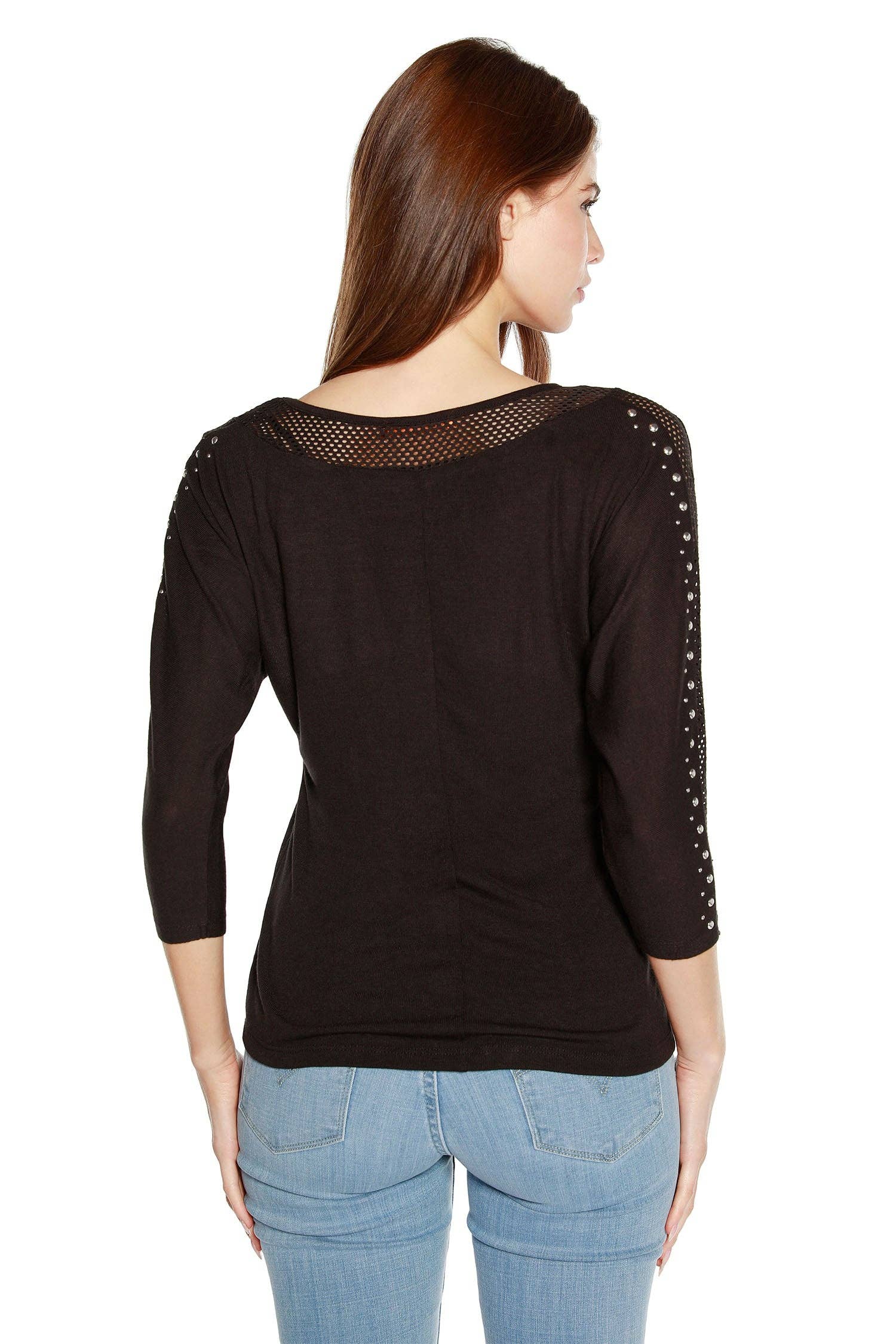 Black Women's Dolman Top with Studs and Mesh for wholesale on Faire4