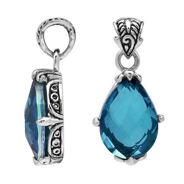 AP-8103-LBT Sterling Silver Pear Shape London Blue Topaz Quartz Pendant With Classic Balinese Carved Detailing And Structured Artistic Prong-Set Accents for wholesale by Bali Designs