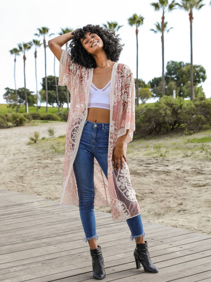 Leto Accessories - Wholesale Kimono - Women's - Contrast Mesh Cotton Lace Longline Kimono 🎀