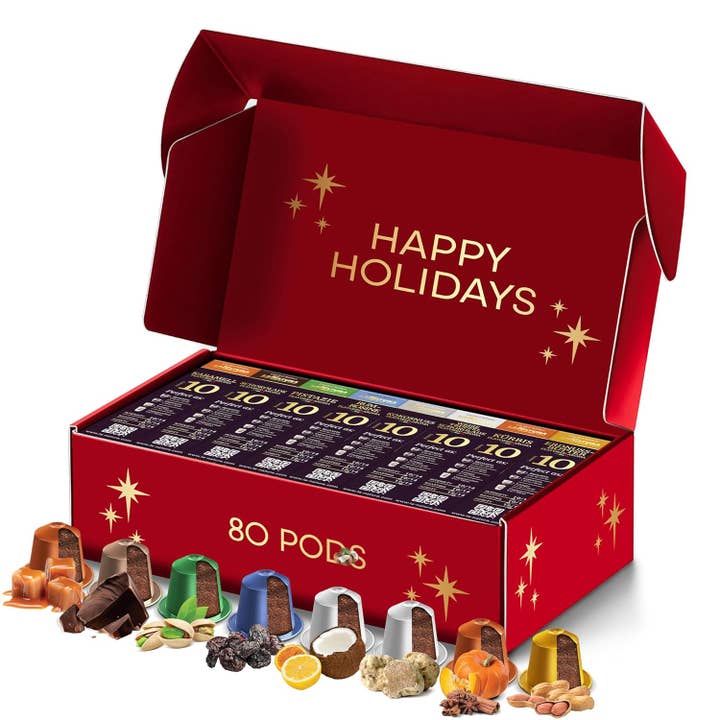 La Natura Lifestyle BIO GmbH - Wholesale Coffeepods/koffiepads - La Natura Lifestyle AROMA BOX, 80 koffiecapsules compatibel met Nespresso®*³-capsulemachines, 8 unieke SMAAKRICHTINGEN, karamel, chocolade, pistache, kokosnoot, rum, truffel, pompoen, pinda