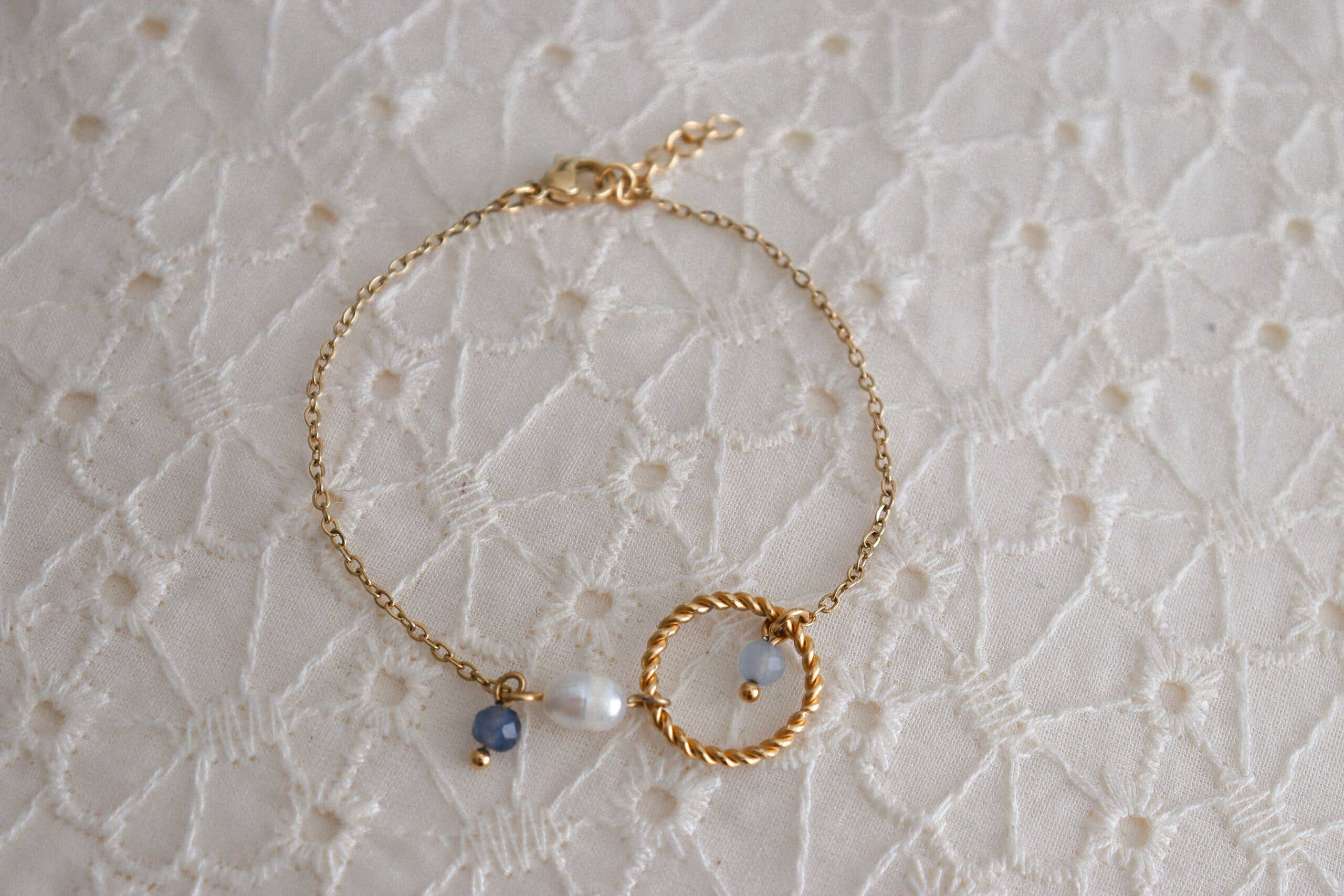 Saint Clairmont - Wholesale Charm/Dangle Bracelet - Aquamarine, Sapphire & Pearl Bracelet - Gold1