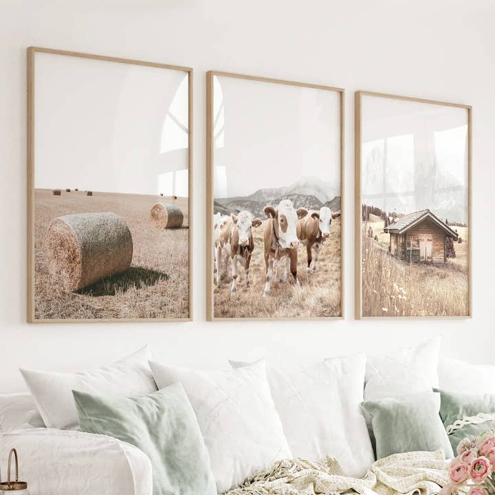Rustic Fall Photo Poster. Wooden Barn, Cows, Hay Bales for wholesale by Art Lane