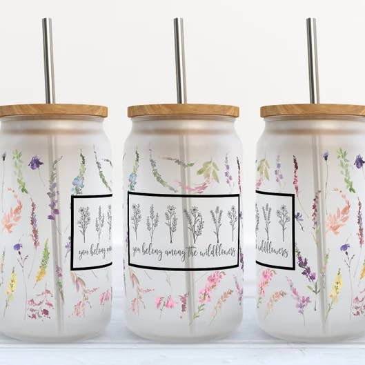 Vous Appartenez Parmi Les Fleurs Sauvages Gobelet en Verre Givré 16oz pour la vente par Kate Haven Glass Tumblers for Every Occasion
