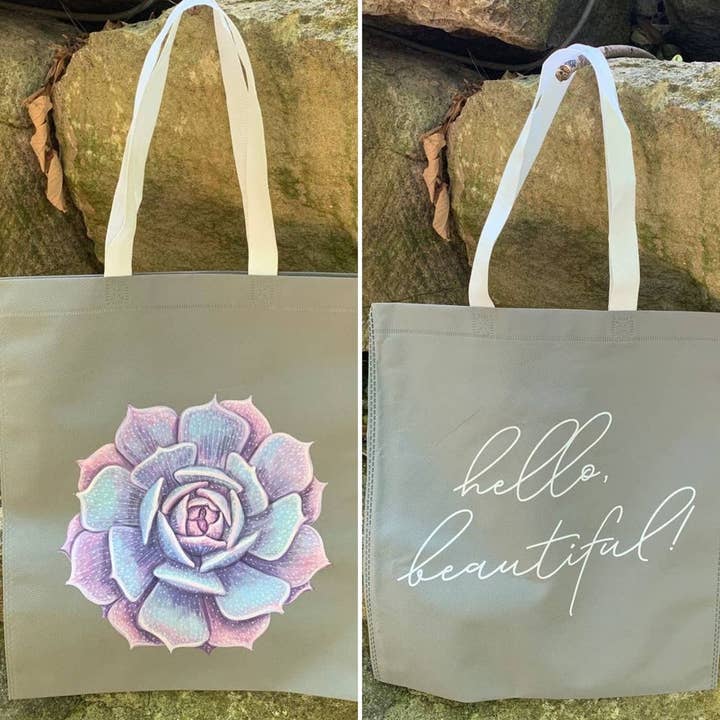 Sac à provisions recyclé imprimé à la main en forme de fleur de citrouille succulente pour la vente par Revyntage