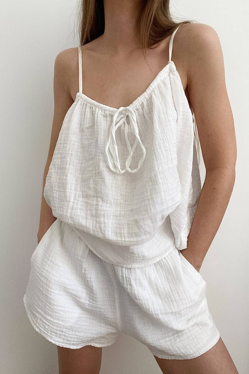 White CWSPJ0050_SOLID COLOR COTTON HALTER  SHORTS PAJAMA SET for wholesale on Faire2