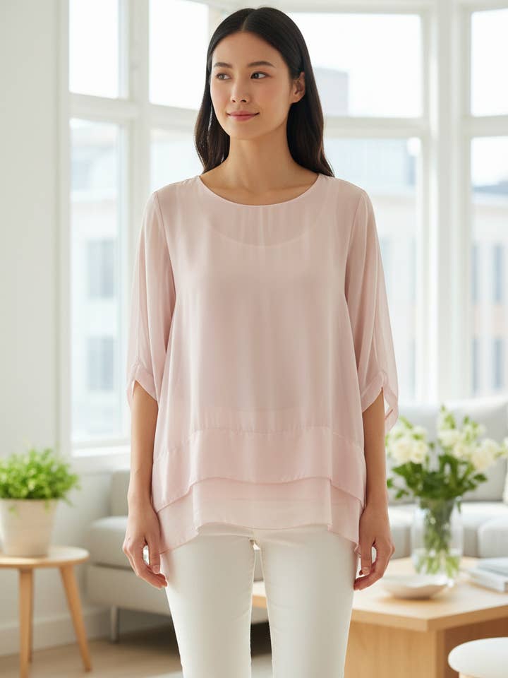 Loose blouse with 3/4 sleeves and layered hem 50529 for wholesale by Shyloh