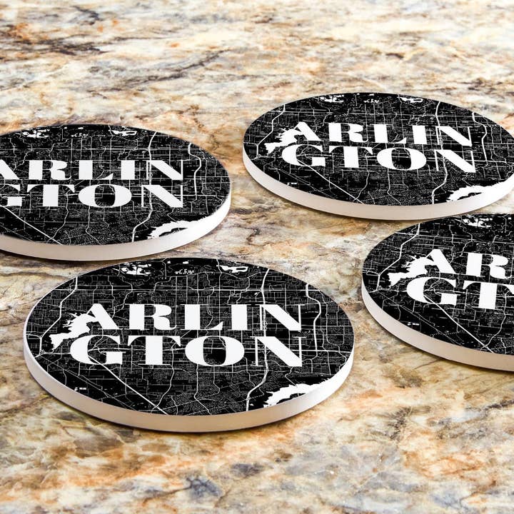 Love Local - Wholesale Coasters - Minimalistic B&W Texas Arlington Map | Absorbent Coasters | Set of 4 | Min 26