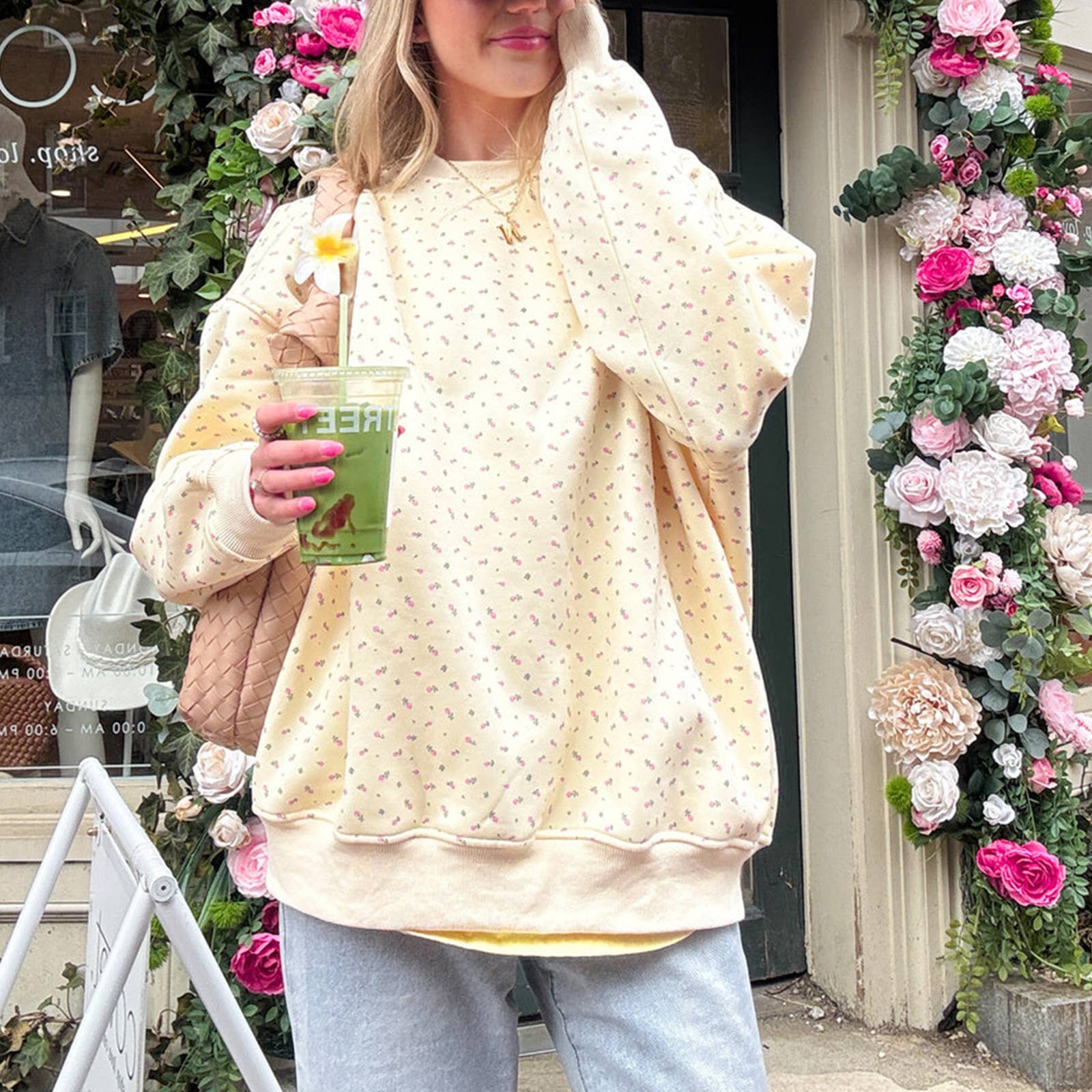 Yellow Vintage Floral print oversize boxy loose sweatshirt crewneck for wholesale on Faire6