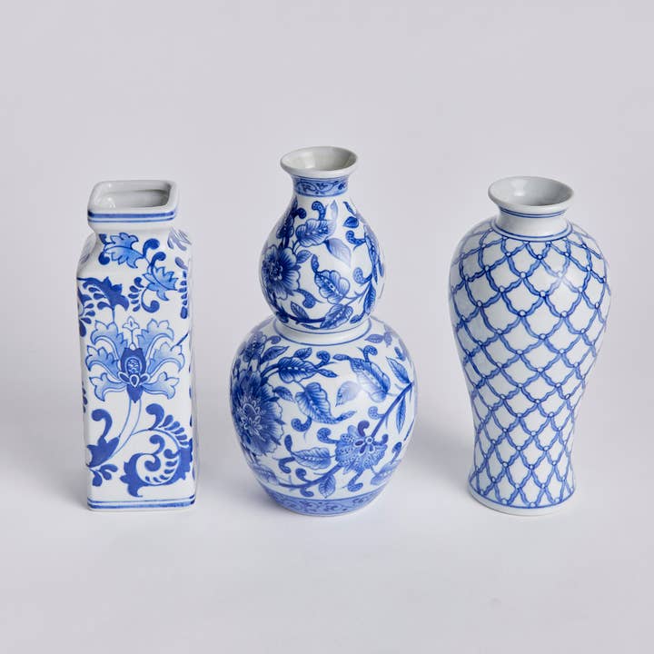 Classic Blue White Barclay Butera Dynasty Accent Vases, Set Of 3 for wholesale on Faire