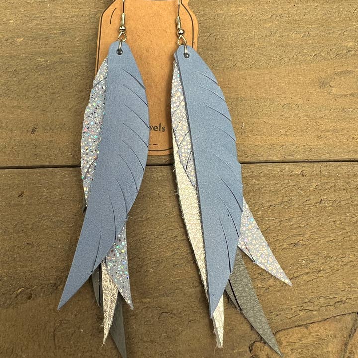 PALE BLUE SPARKLE FRINGE FEATHER LEATHER EARRINGS for wholesale by Jill's Jewels
