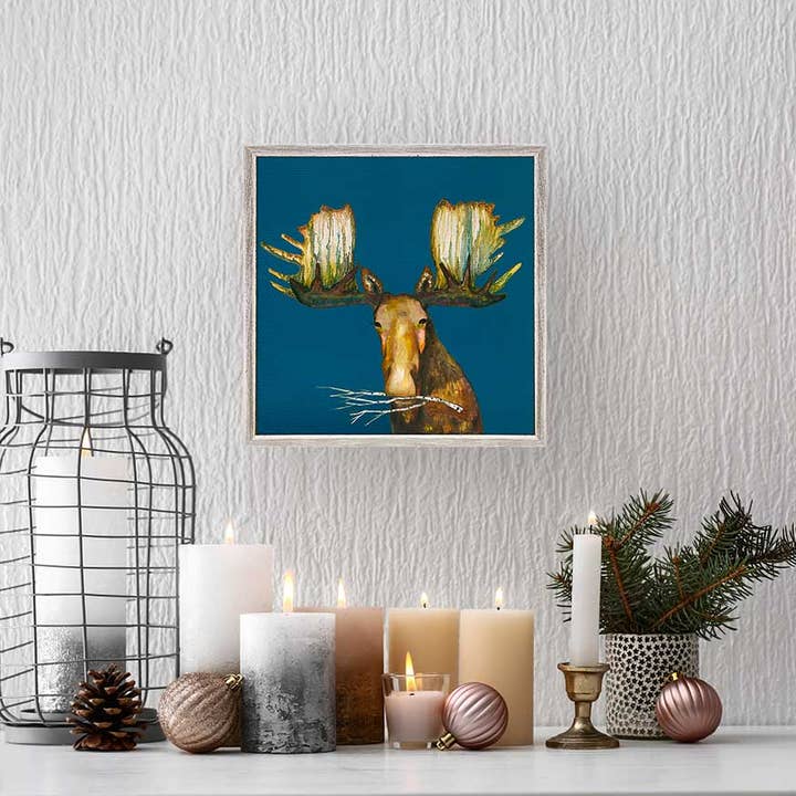 Holiday - Moose With Branch - White Frame Mini Framed Canvas for wholesale by GreenBox Art