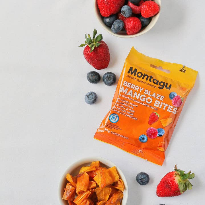 Mahdina – Großhandel Getrocknete/dehydrierte Früchte – Montagu: Mango Bites - Berry Blaze aromatisiert, (10 x 50 g)