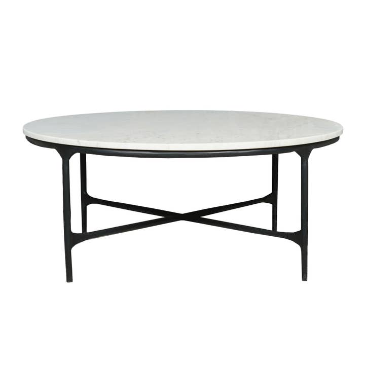 HomeRoots - Wholesale Coffee Table - 55" White and Black Genuine Marble and Iron Round Cross Legs Coffee Table3