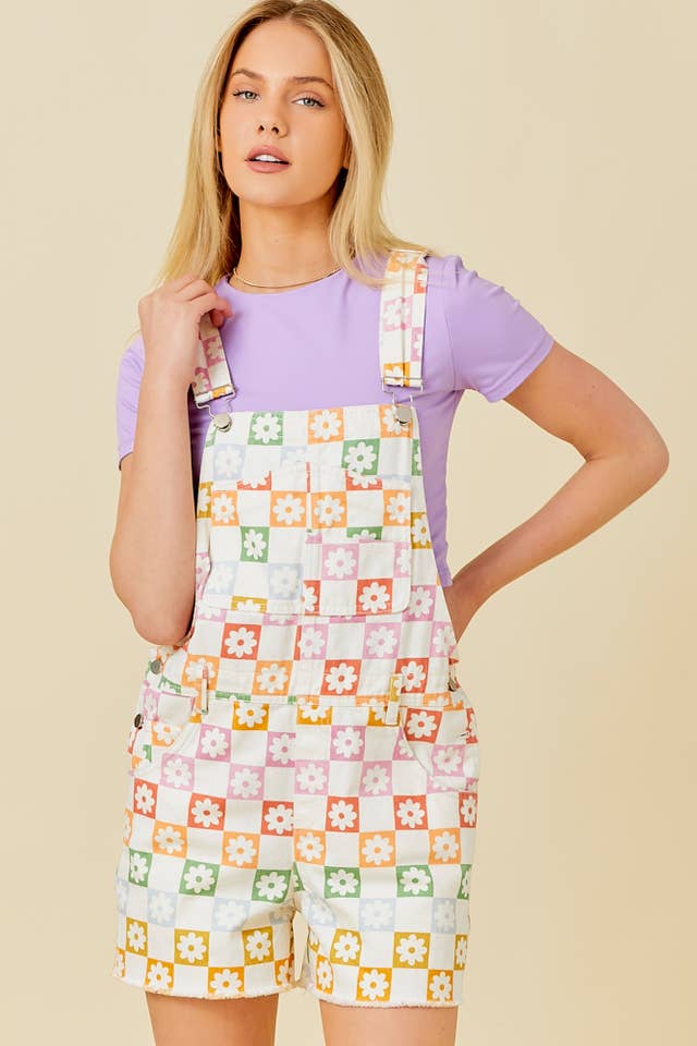 Multi Checker Floral Print Romper for wholesale on Faire