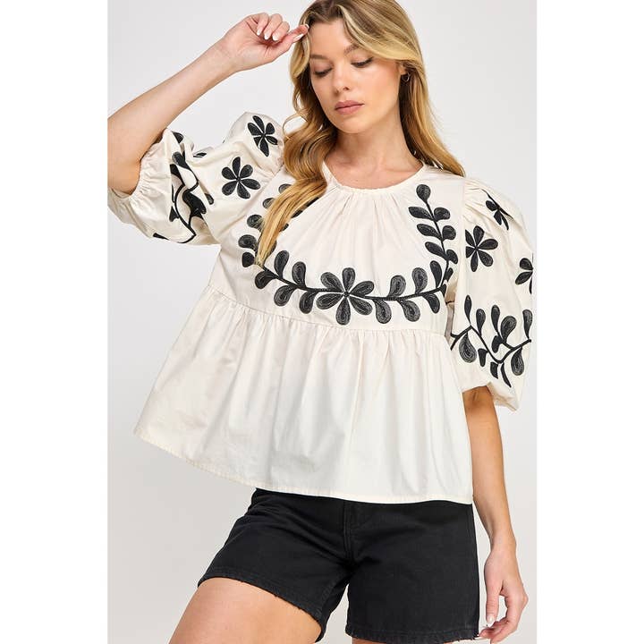 cream BOHO PUFF-SLEEVE EMBROIDERED TOP (ST7671) for wholesale on Faire