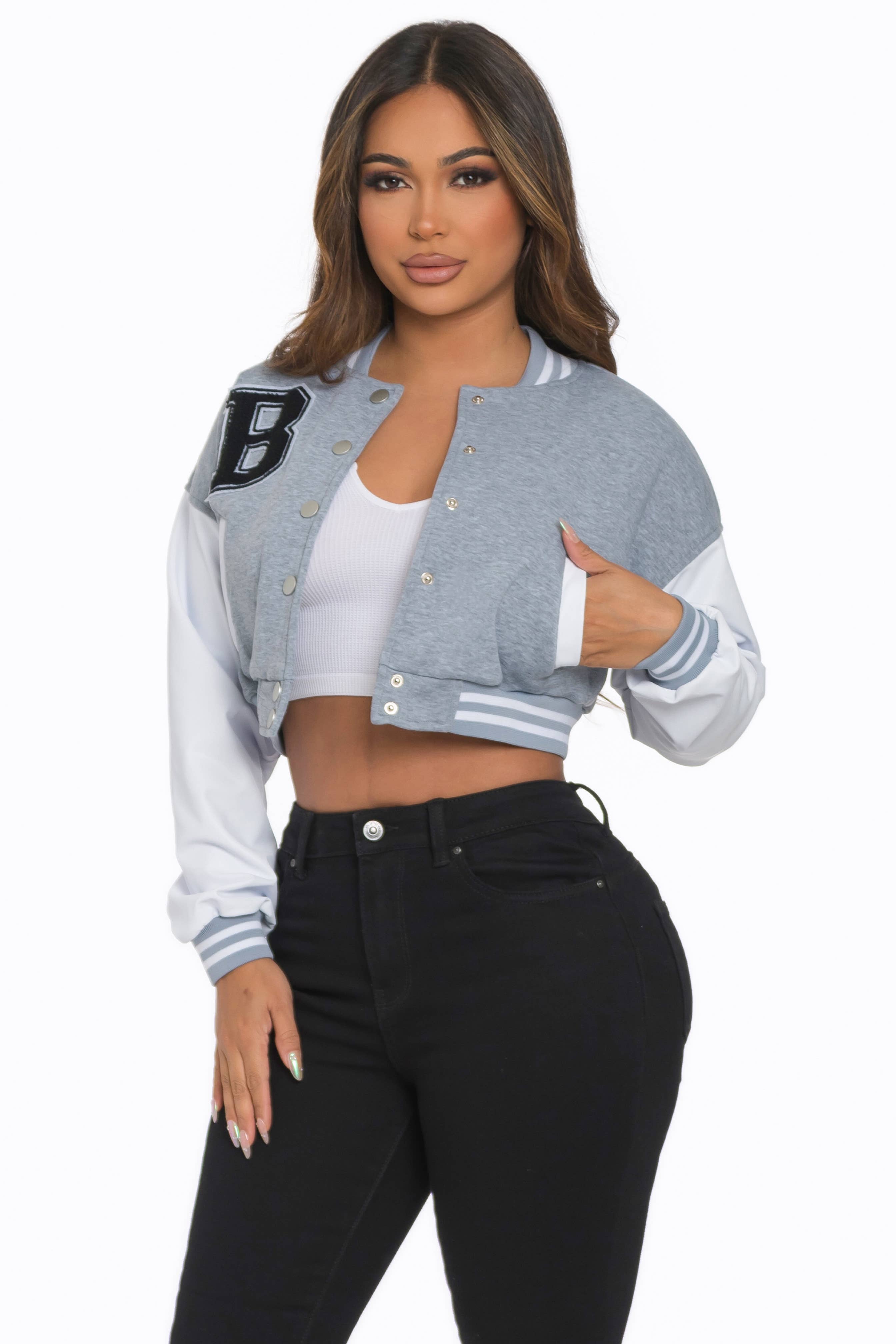 Lime All the Time - Wholesale Varsity/Baseball Jacket - Women's - B Logo Cropped Varsity Jacket6