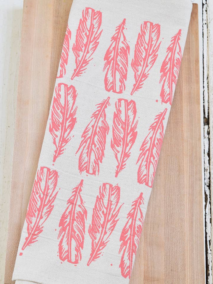 Block Feathers Tea Towel - Organic Cotton - Coral Pink for wholesale by Hearth and Harrow
