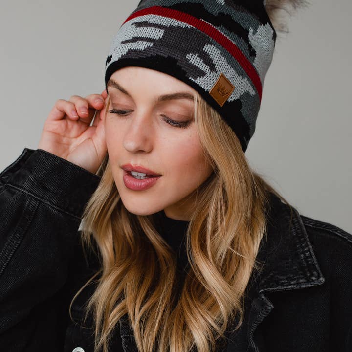 Panache Apparel Co. - Wholesale Beanie - Women's - Grey Camo w Red Stripe Hat