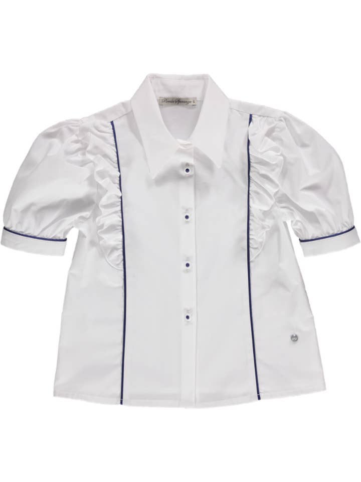 Blusa branca com folhos azuis por atacado de Piccola Speranza