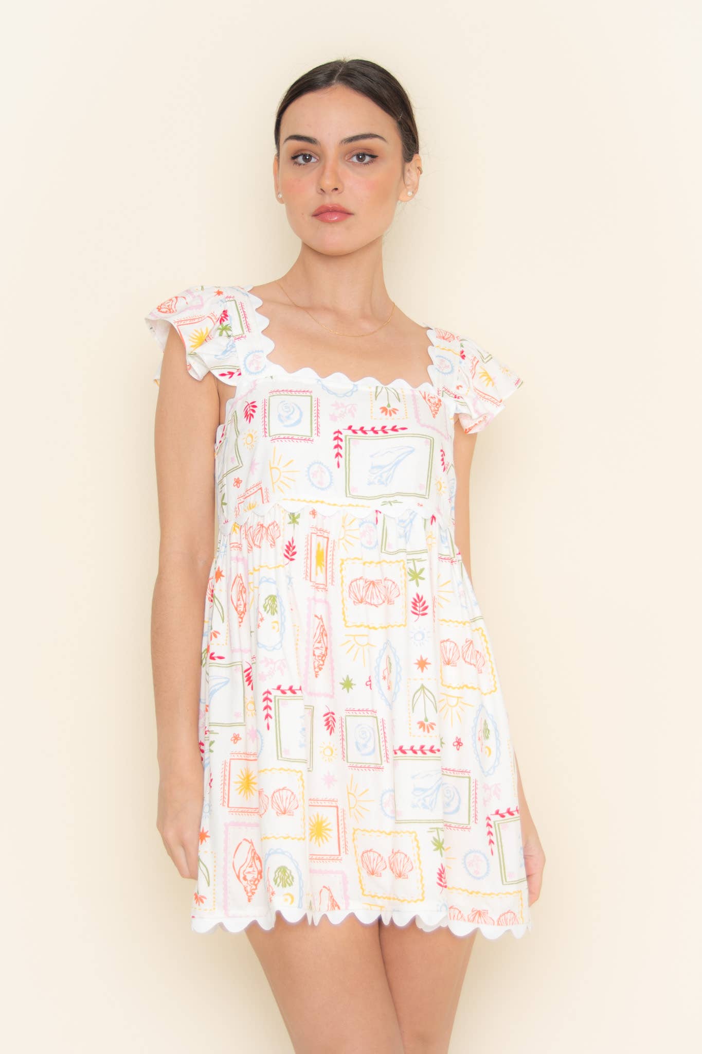 ELFENBEIN MULTI Fore Collection Mini-Kleid mit Colorblock, Muschel-Motiv und Rüschensäumen für den Großhandel auf Faire7