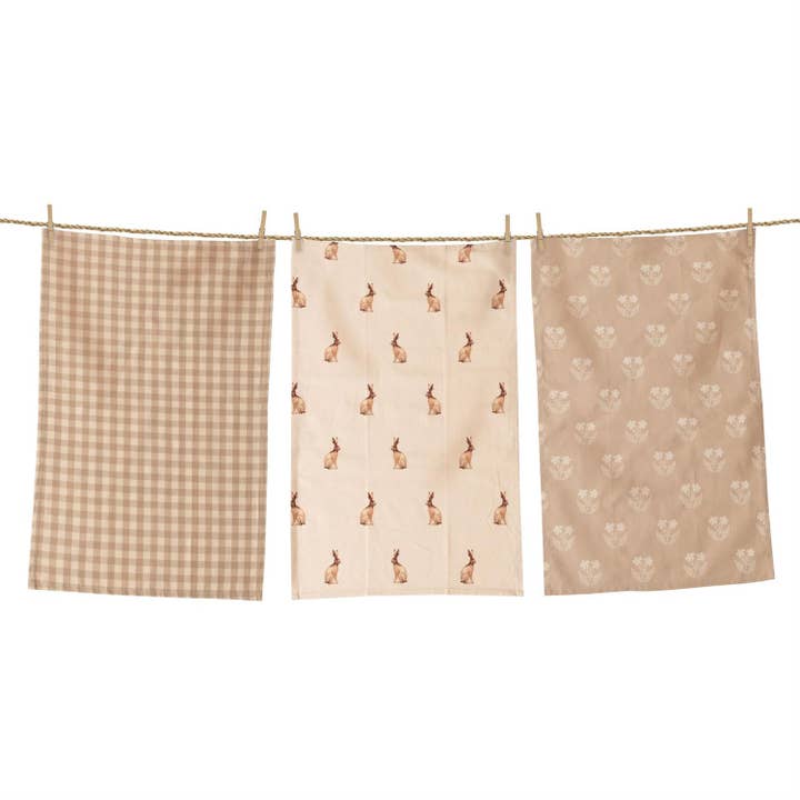 Strofinacci - Coniglio e Tan e Lino a Quadri (Set di 3) per la vendita all'ingrosso da parte di Audrey's Home & Gift