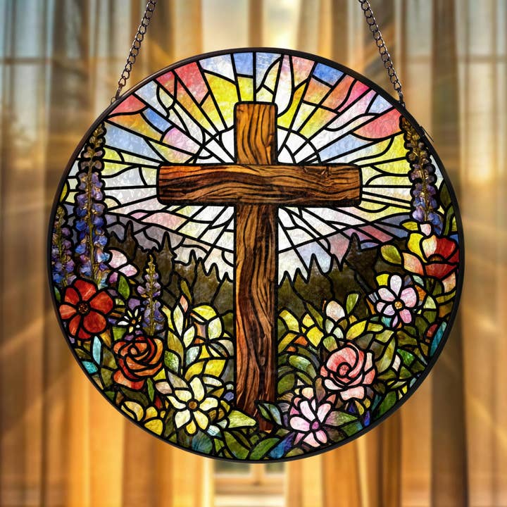 Croix de Fleurs Sauvages Vitrail Attrape-Soleil, Décoration Chrétienne pour la vente par Glaizyo