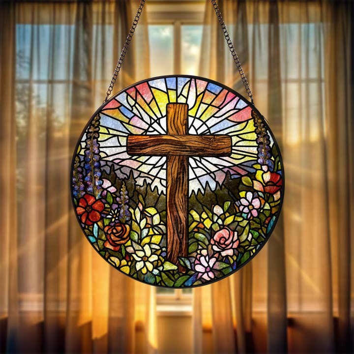 Croix de Fleurs Sauvages Vitrail Attrape-Soleil, Décoration Chrétienne pour la vente par Glaizyo