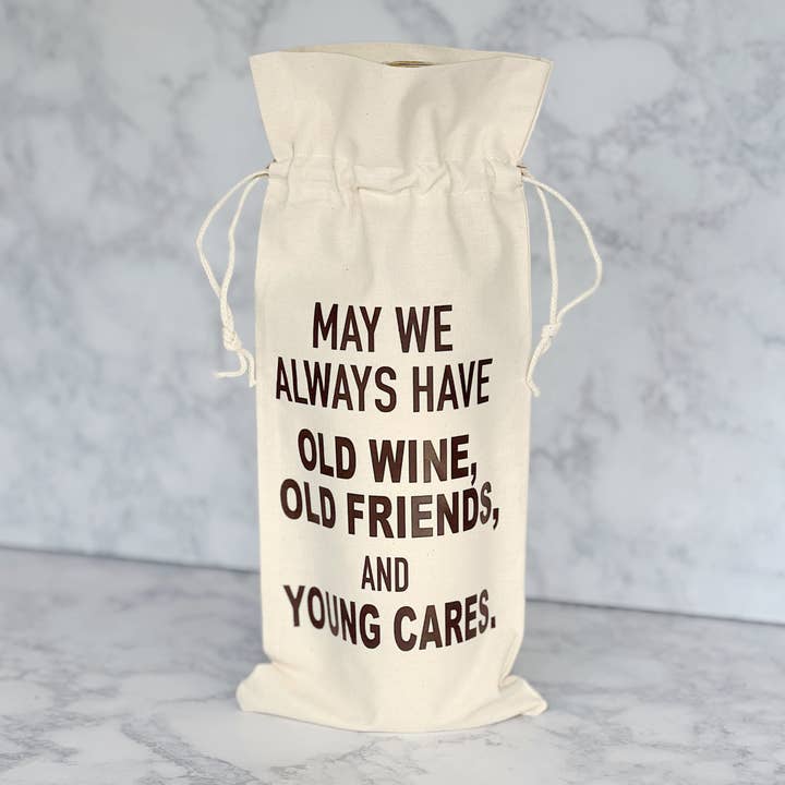 Canvas Bottle Wine Bag - Old Wine, Old Friends, Young Cares for wholesale by Pretty Clever Words