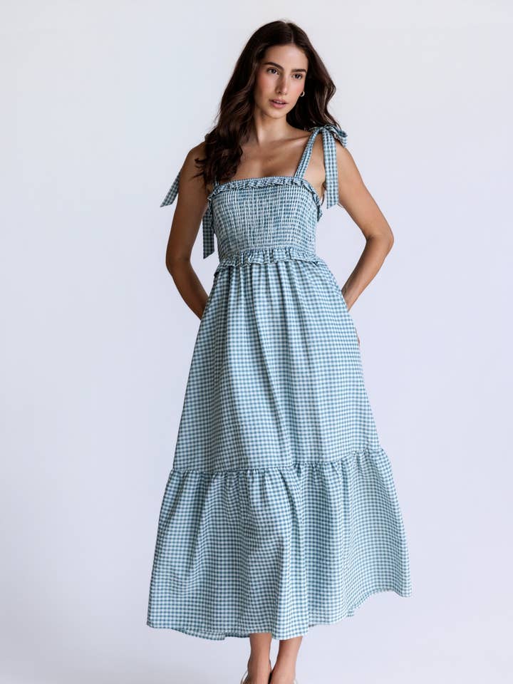 JD6402 - SMOCKED GINGHAM MIDI DRESS for wholesale by STORIA