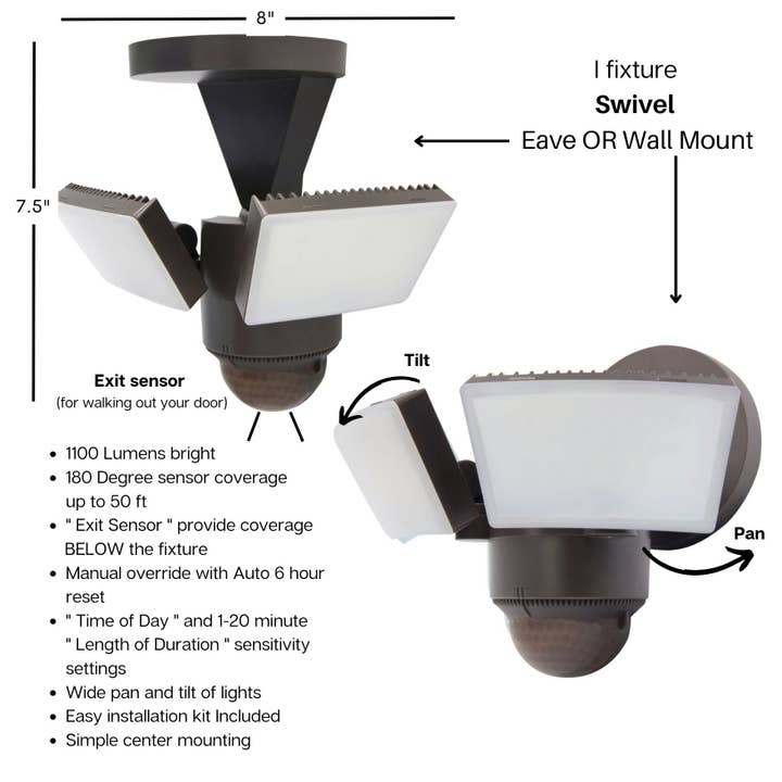 FLI Products - Wholesale Outdoor/Lawn Light - IQ America Motion Sensor Security Flood Light, Wall Eave or Soffit Universal Mt, 1100 Lumen LED Yard Barn Shed Storage Attic Workshop Garage Light BZ