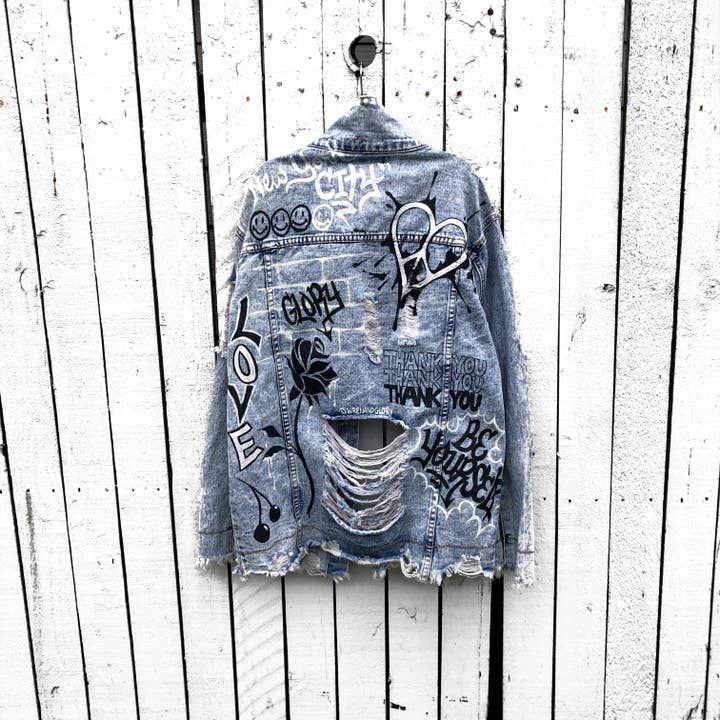 Wren + Glory - Wholesale Denim Jacket - Women's - Graffiti Girl Oversized Denim Jacket Hand Painted1