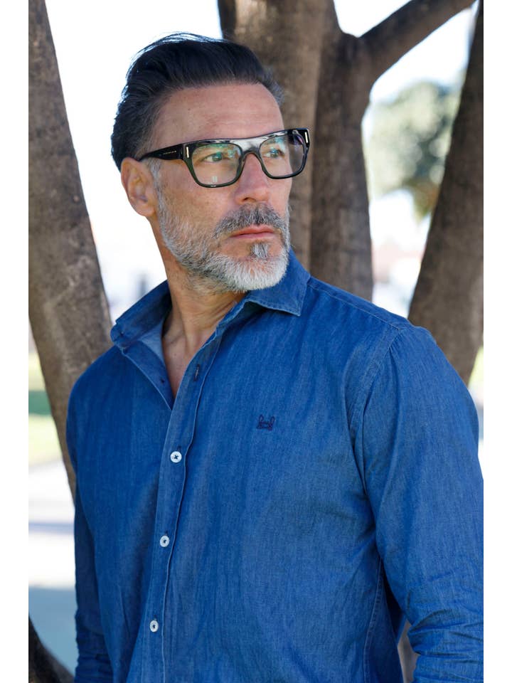 Custi Mikelo: Men's Clothing & Christmas Gifts - Vente Chemise à col boutonné – homme - Chemise de sport en jean bleu foncé1