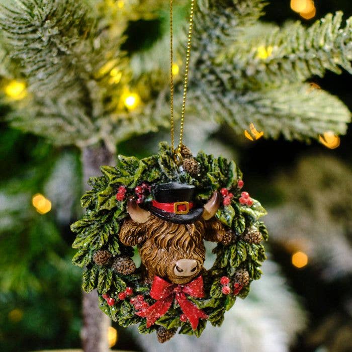 Christmas Resin Highland Cow Hanging Wreath Hanger for wholesale by Langs
