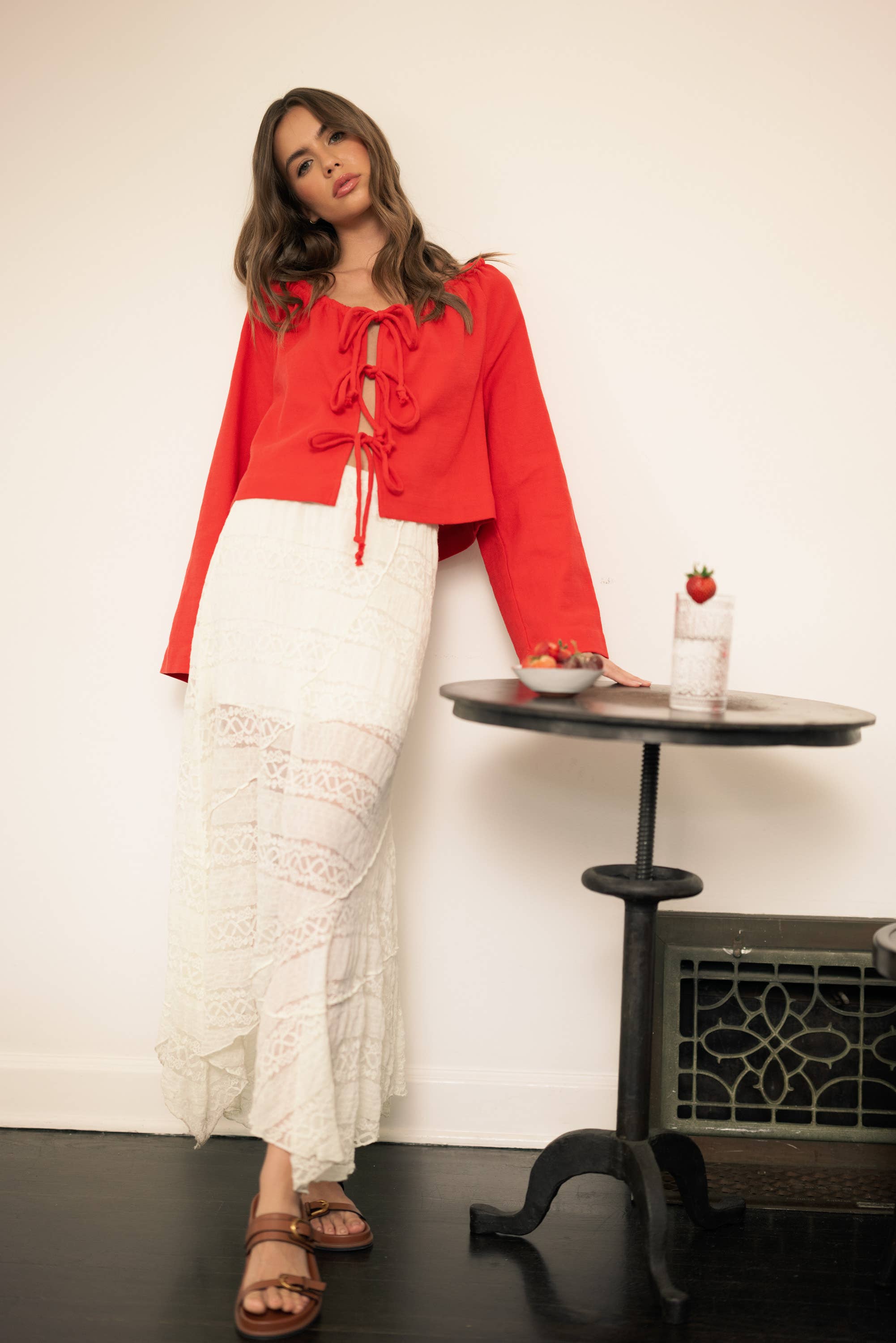 MIOU MUSE – Großhandel Strickjacke – Damen – Leinenmischung Cardigan mit Bindeband vorne12