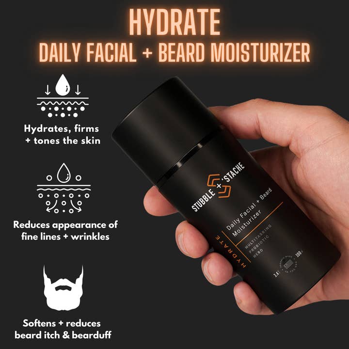 stubble + 'stache - Wholesale Facial Moisturizer - Men's - Hydrate: Daily Probiotic Facial + Beard Moisturizer