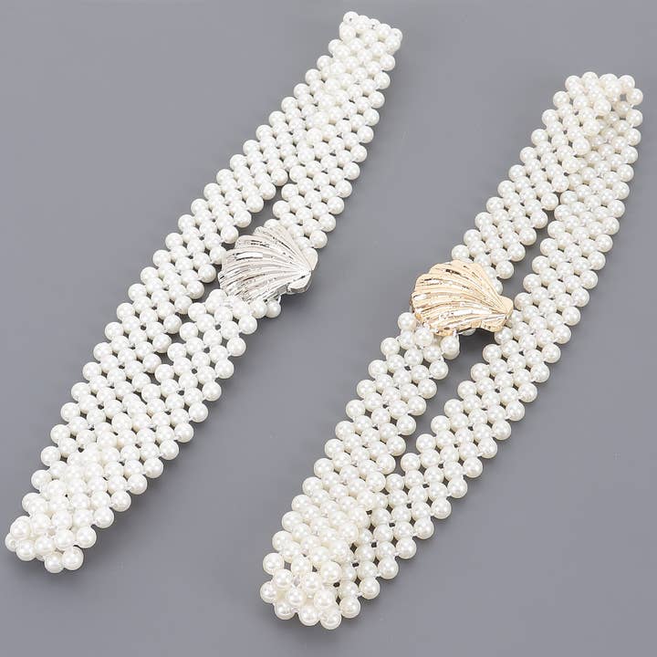 Faux Pearl Metal Shell Buckle Stretch Belt for wholesale by 3AM BY H&D ACCESSORIES