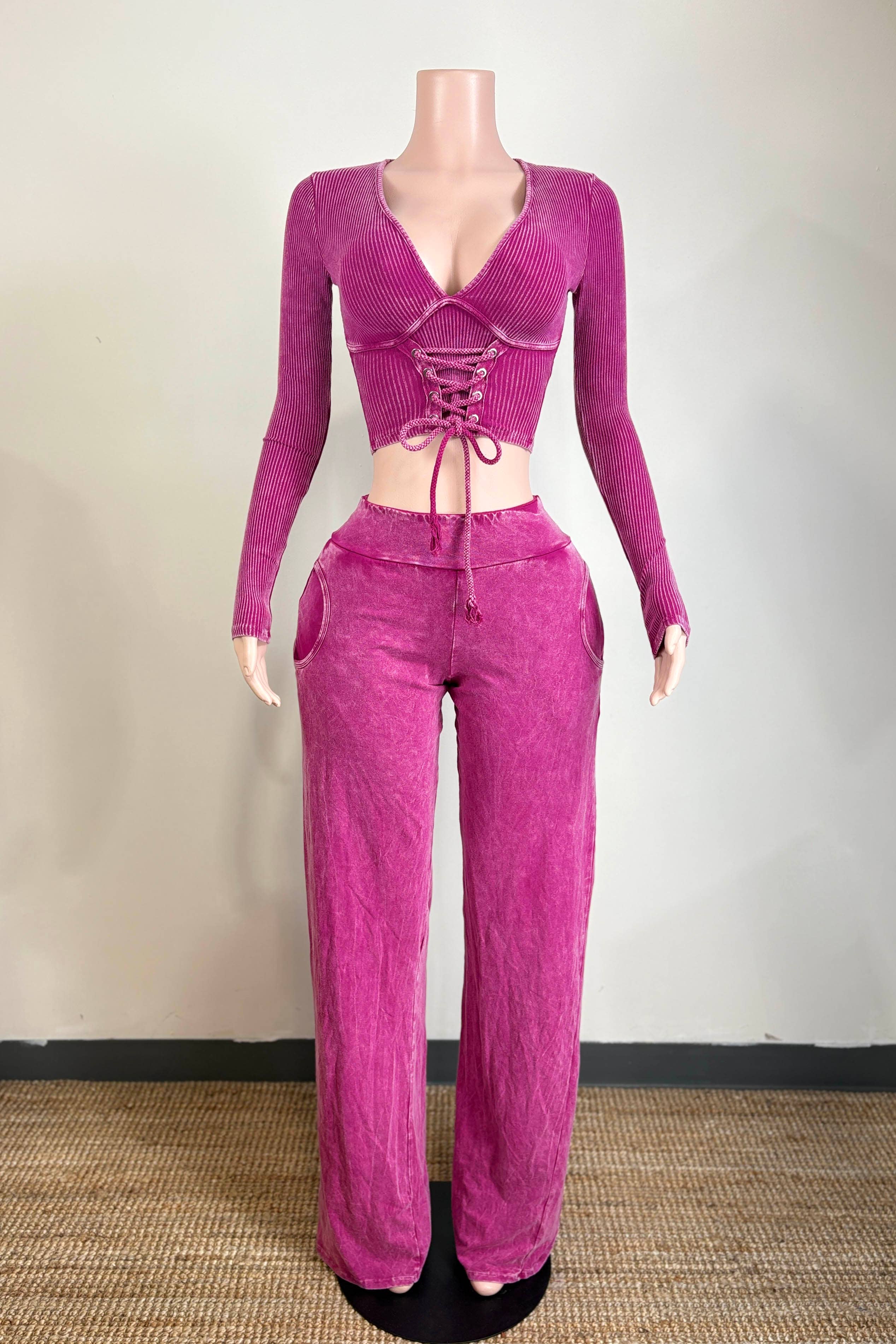 Dalia Studio - Wholesale Lounge Set - Women's - MINERAL WASH FRONT LACED TOP & LOUNGE PANT SET4