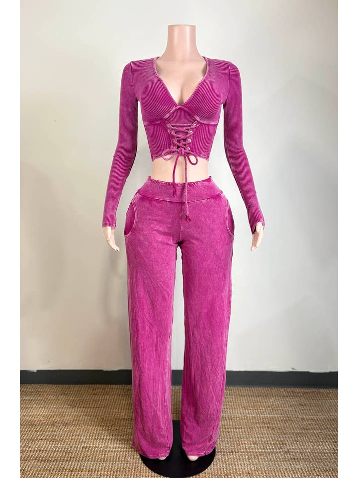 Dalia Studio - Wholesale Lounge Set - Women's - MINERAL WASH FRONT LACED TOP & LOUNGE PANT SET4