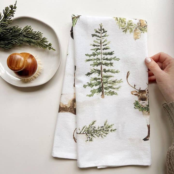 evergreen christmas cotton flour sack tea towel for wholesale by emily lex studio