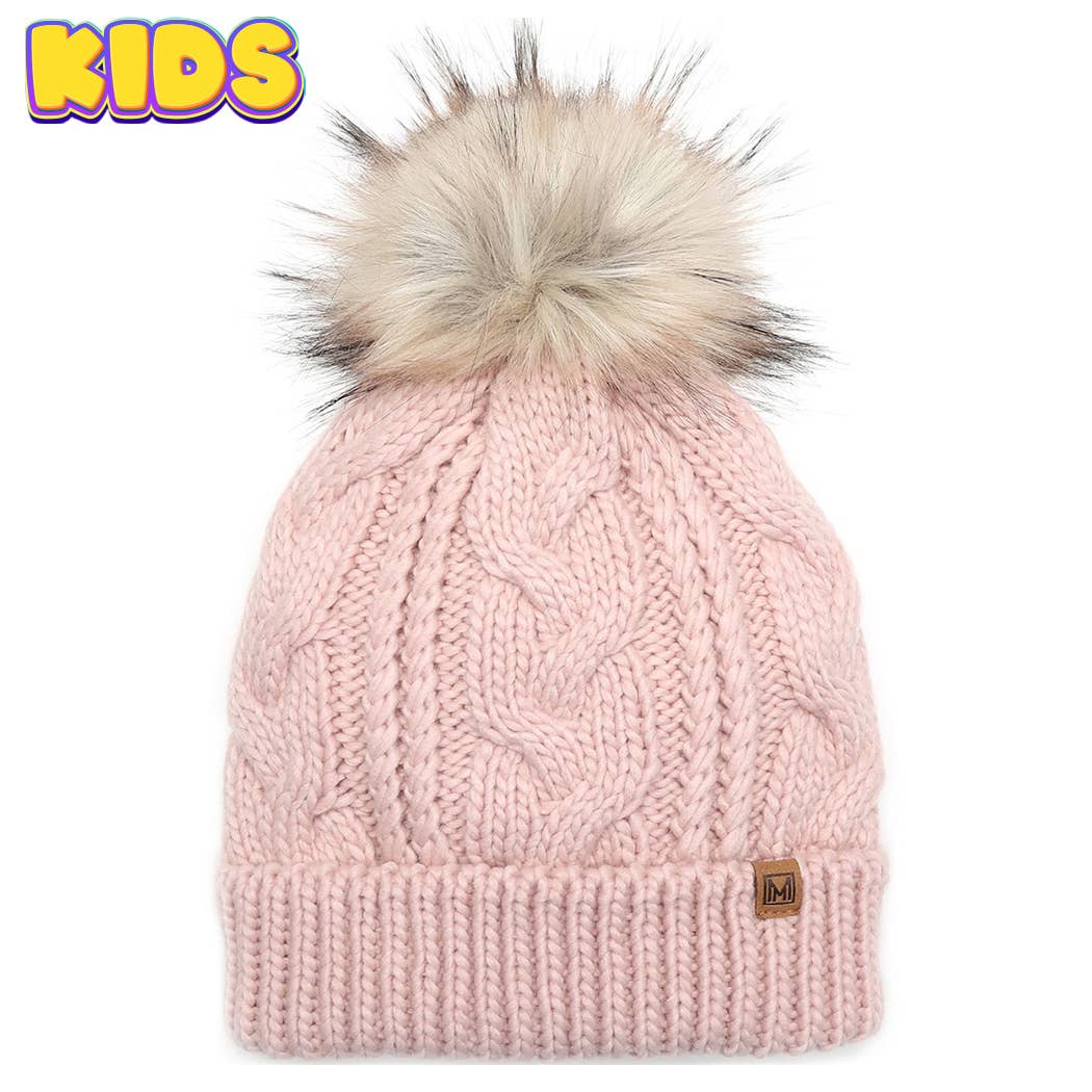 Fashion City - Wholesale Beanie - Kids - Kid's Cable Knitted Faux Fur Pom Beanie Hat4