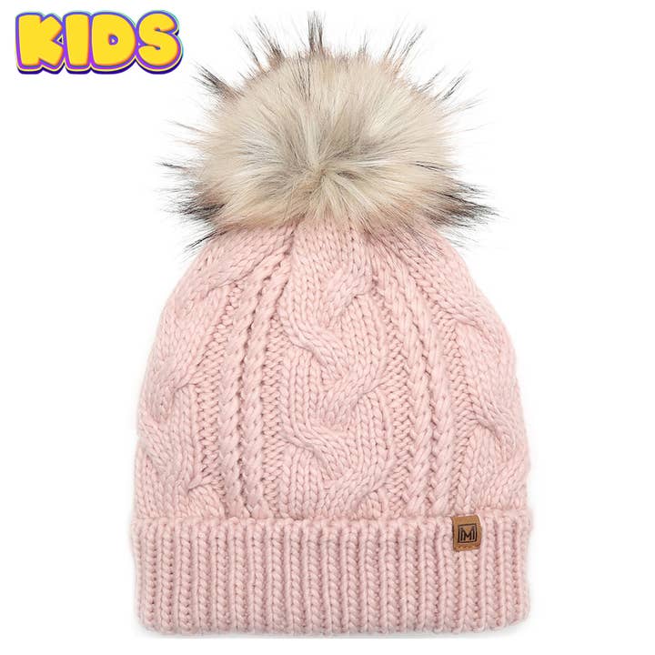 Fashion City - Wholesale Beanie - Kids - Kid's Cable Knitted Faux Fur Pom Beanie Hat4