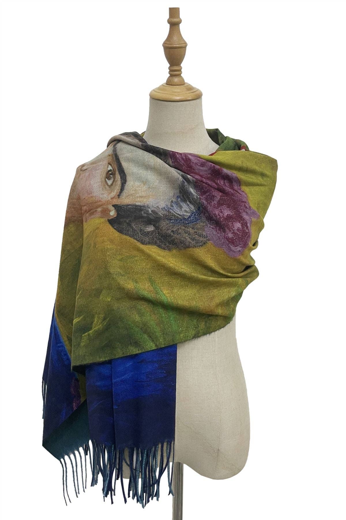 Fashion Scarf World – wholesale Halsduk - Dam – Frida Kahlo & Papegoja Konsttryck Tassel Scarf2