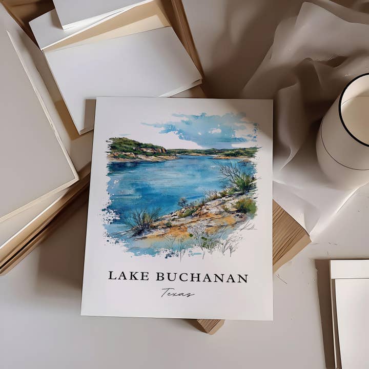 Premium Travel Art - Wholesale Art Print - Lake Buchanan TX Wall Art, Lake Buchanan Print, Llano County Watercolor, Lake Buchanan Gift, Travel Poster, Housewarming Gift1