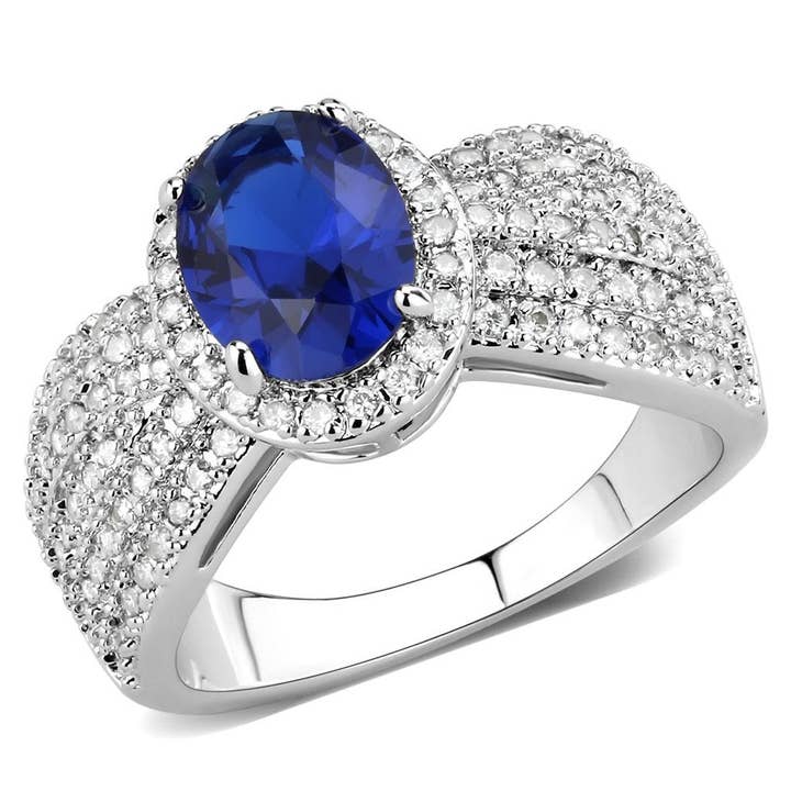 3W1563 - Rhodium Brass Ring with Synthetic Spinel in London Blue for wholesale by Alamode