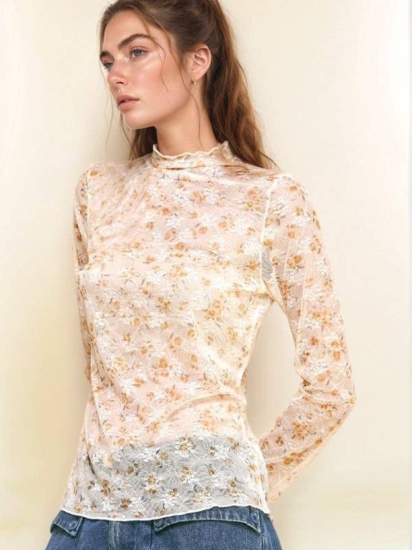 Davi & Dani - Wholesale Knit Top - Women's - LOOSE TURTLE NECK LACE MESH LACE SHEER TOP